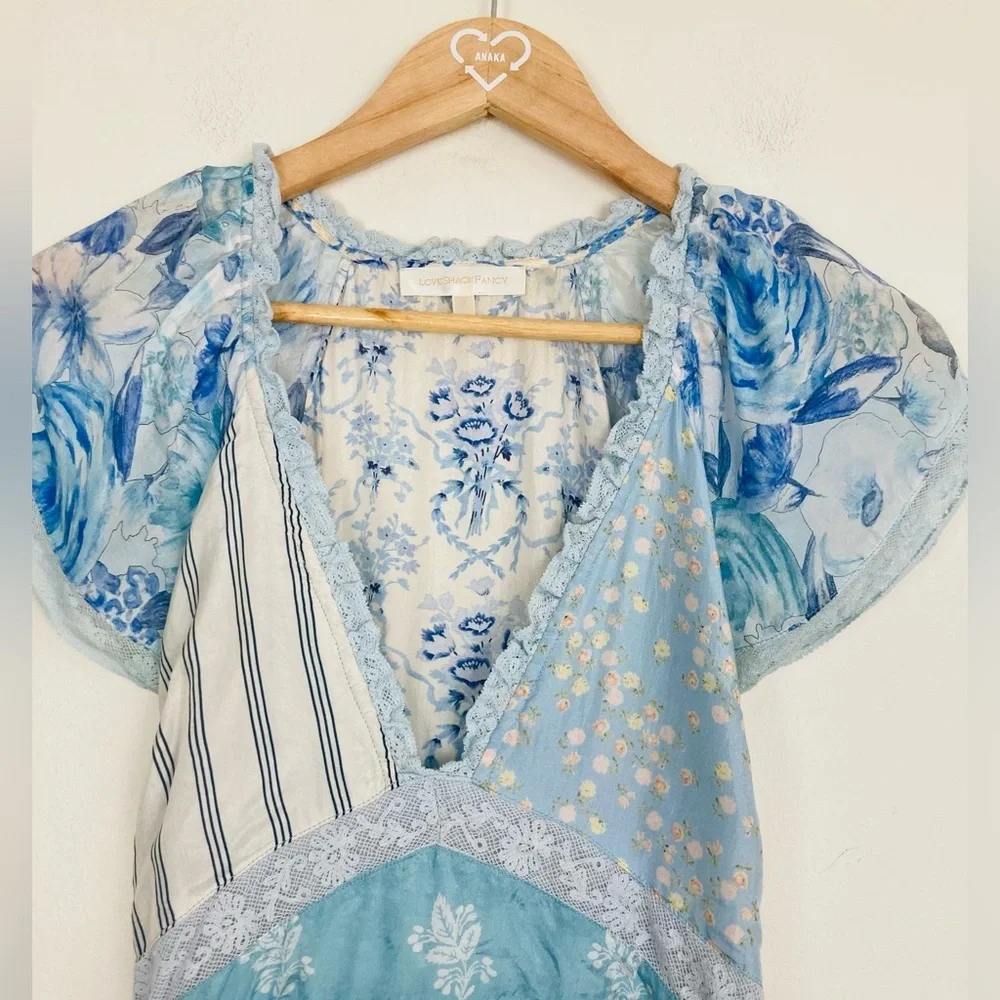 LoveShackFancy Tula silk patchwork midi dress with puff sleeve, lace trim. Sz 0 - Picture 4 of 9